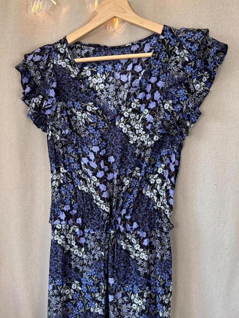 Rebecca Taylor Ava Floral Ruffle Dress Blue Silk | Size 4 Summer Festival - Picture 6 of 8